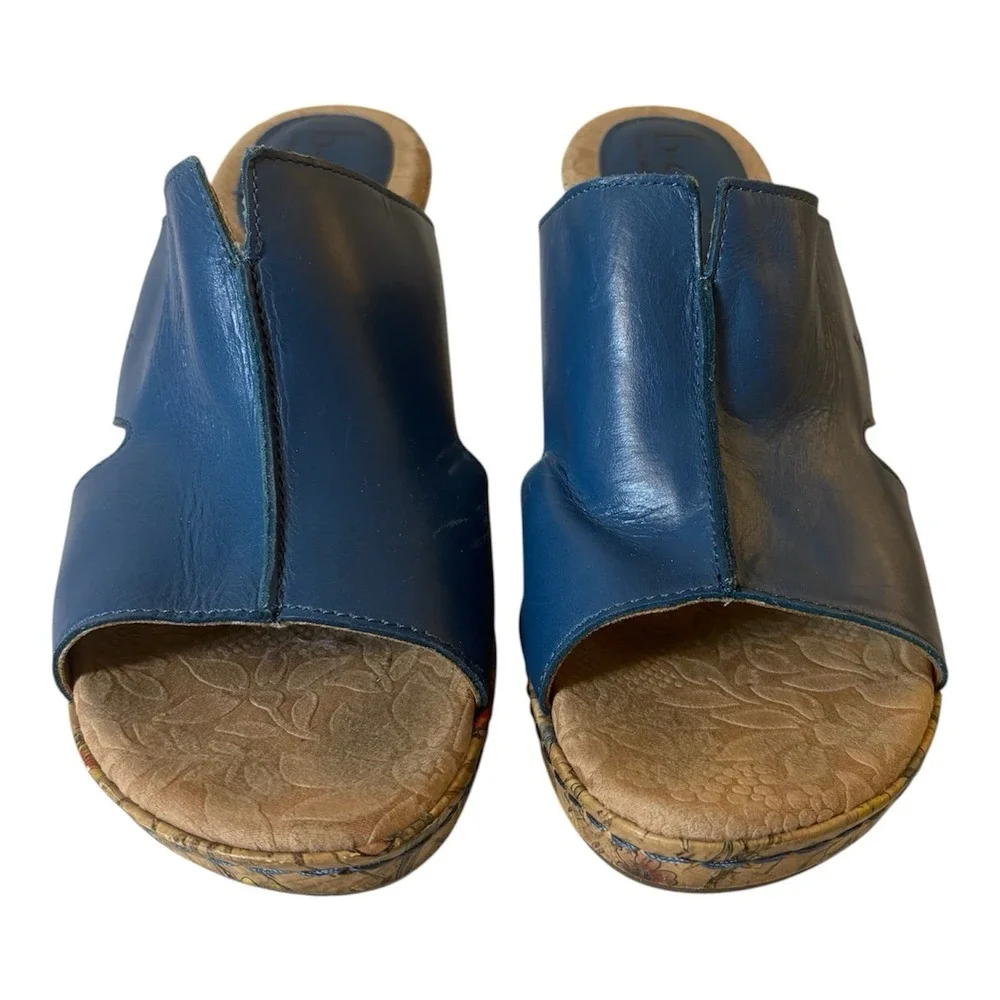 B.O.C Woman's Blue Leather Open Toe Slide On Wedge Sandal Shoe 9M‎